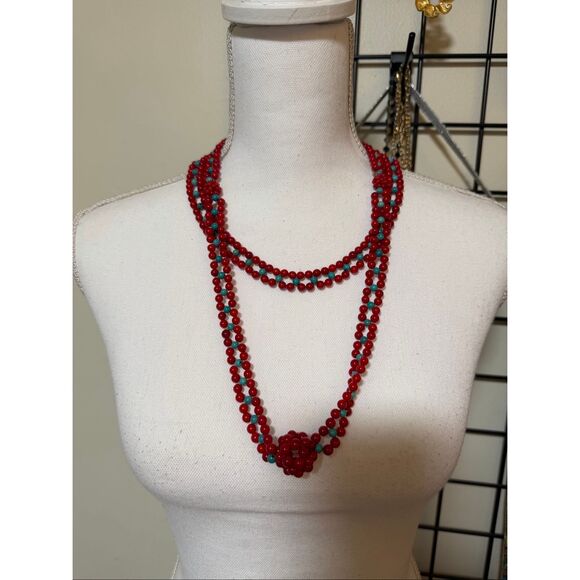 Long Red & Turquoise Glass Bead Necklace with Knotted Accents Unique - Picture 3 of 10